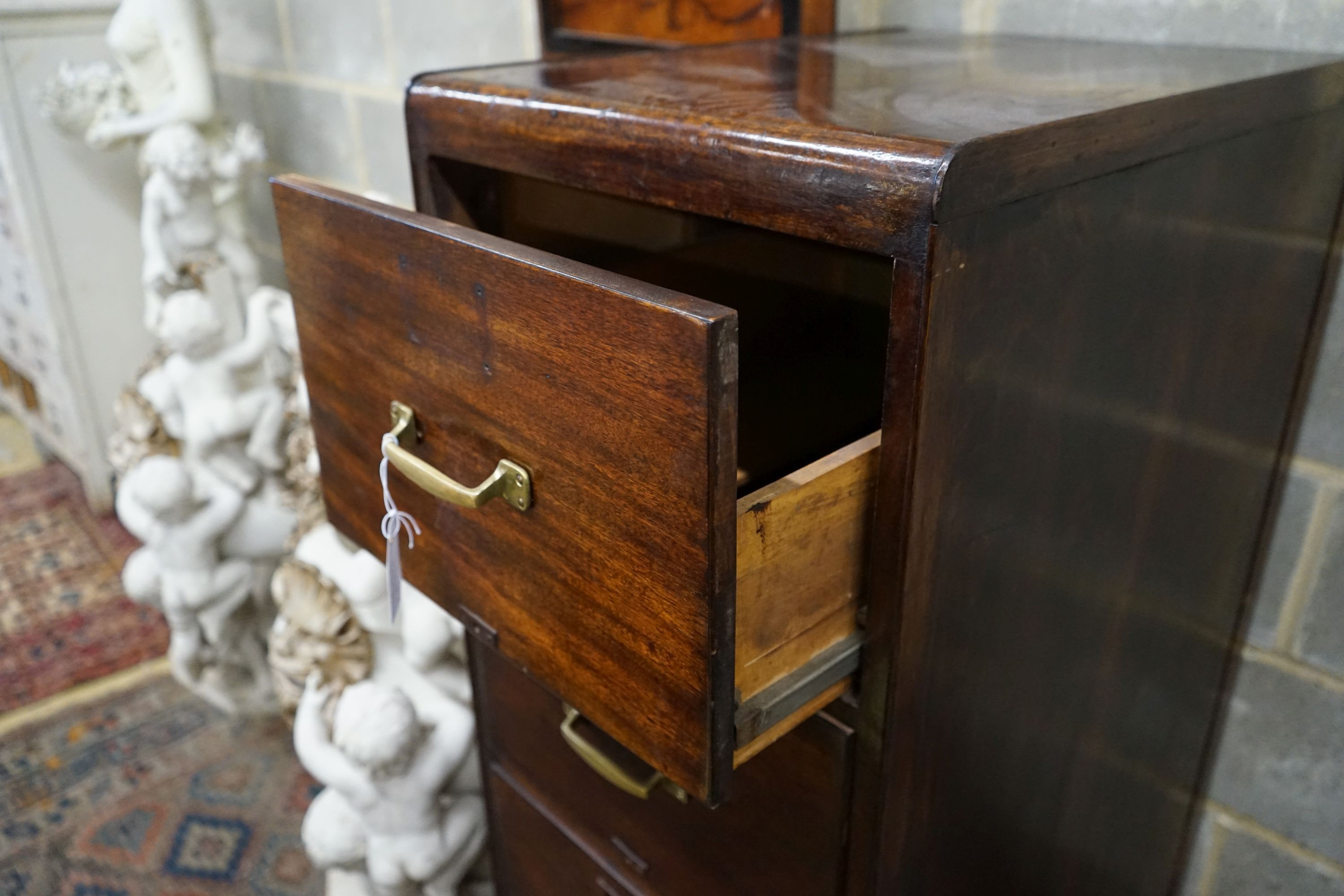 An early 20th century mahogany and beech four drawer filing chest, width 50cm, depth 68cm, height 131cm
